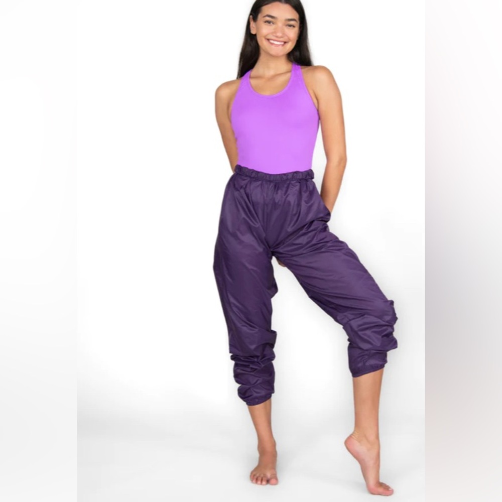 Purple warm-up pants from Body Wrappers
